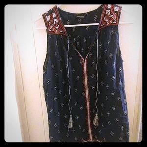 Lucky Brand Patterned Dark Blue Tank w Tassels